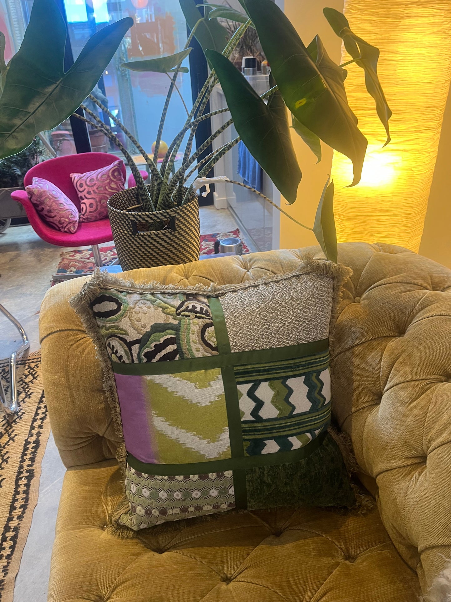 Nina Campbell large square patchwork cushion with fringe