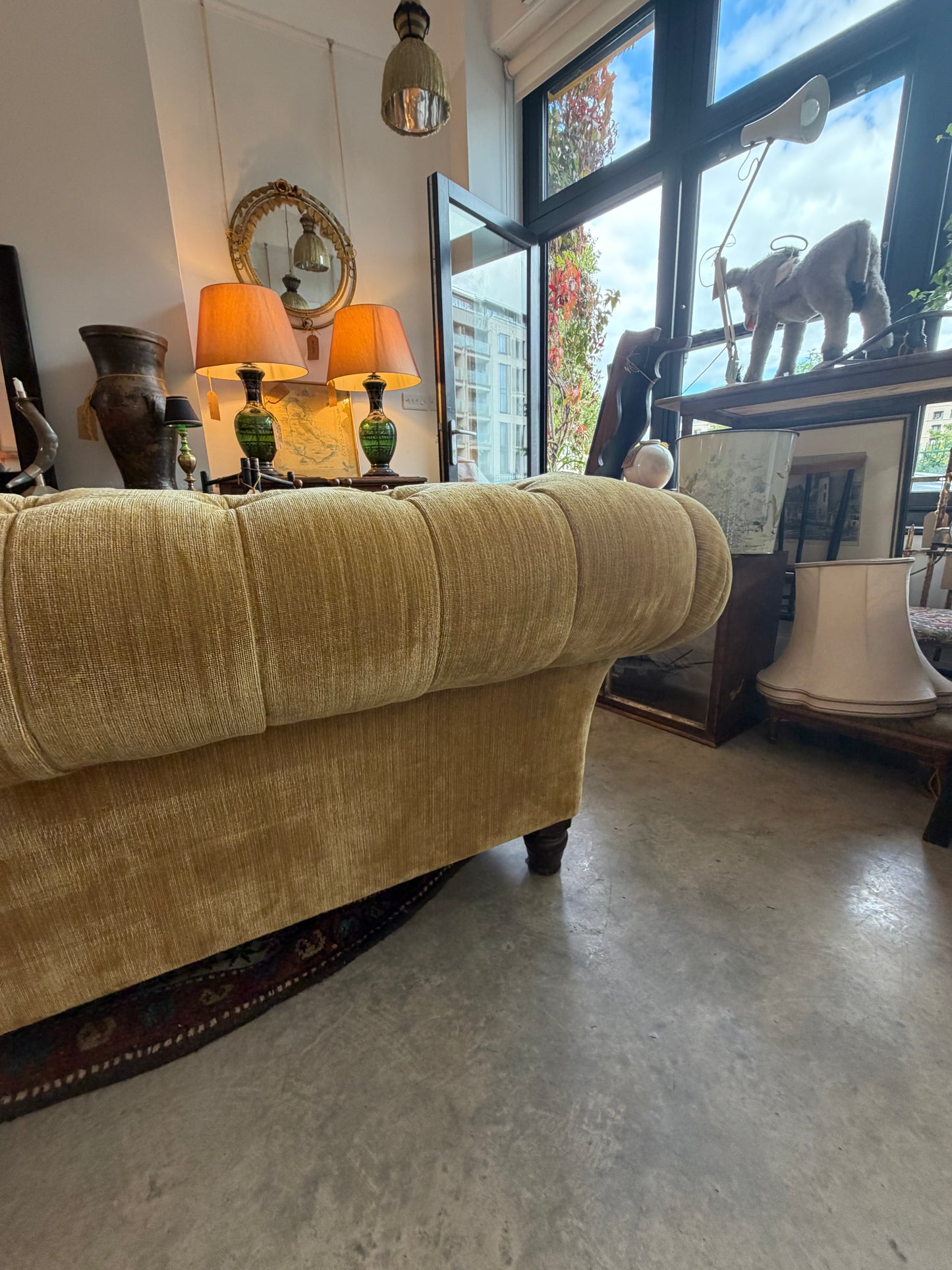 George Smith Deep-Buttoned Sofa in Gold Strié Velvet