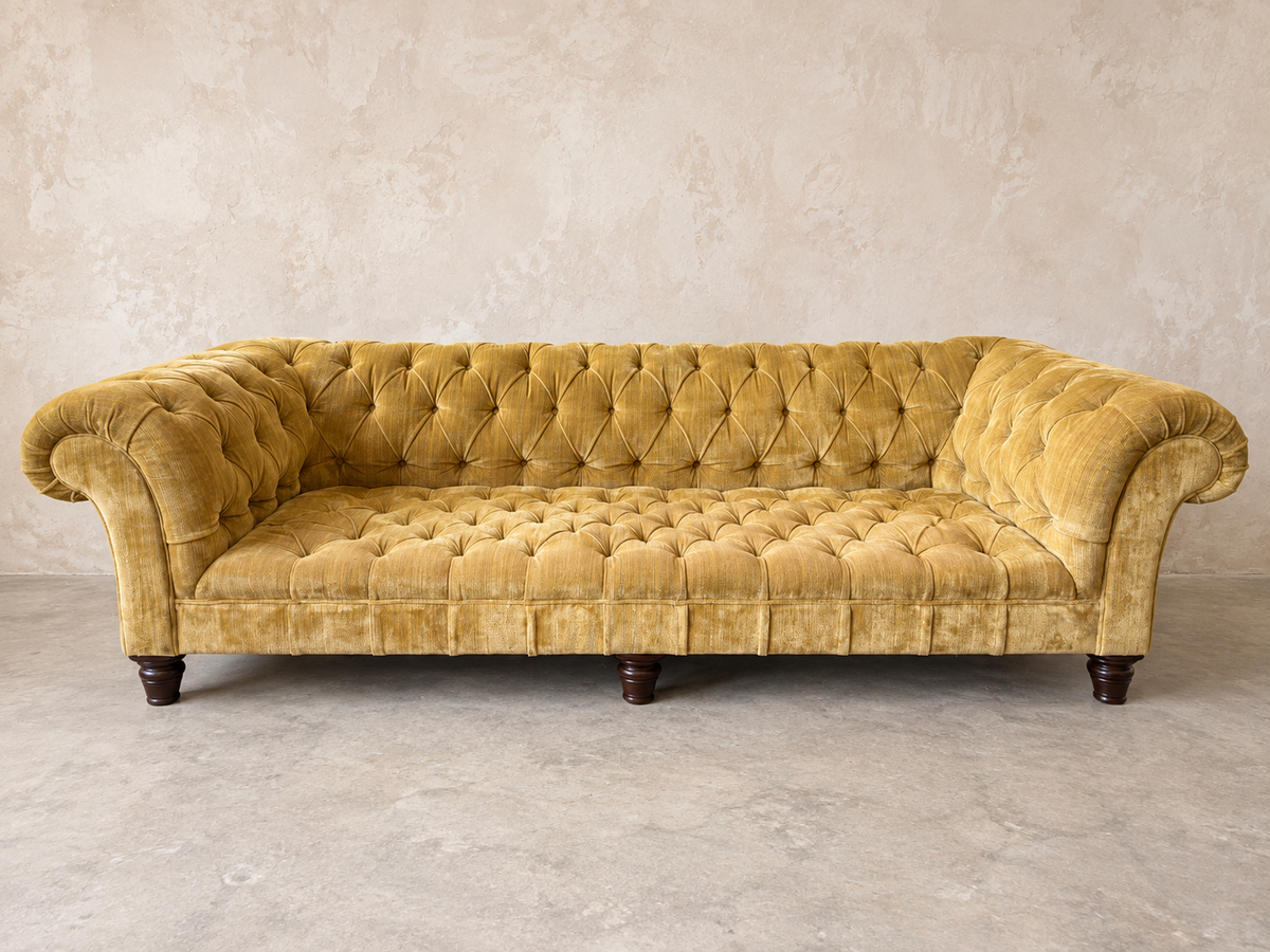 George Smith Deep-Buttoned Sofa in Gold Strié Velvet