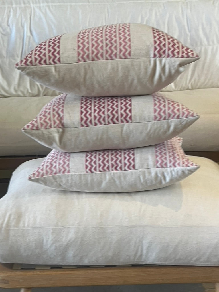 Linen cushions with pink zig-zag pattern