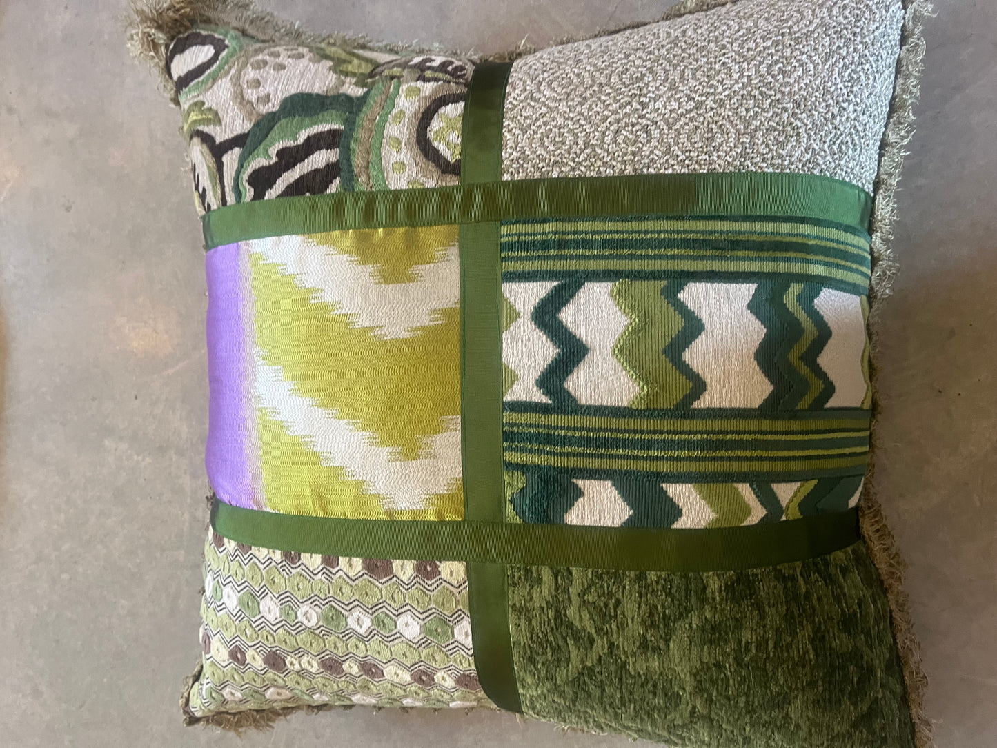 Nina Campbell large square patchwork cushion with fringe