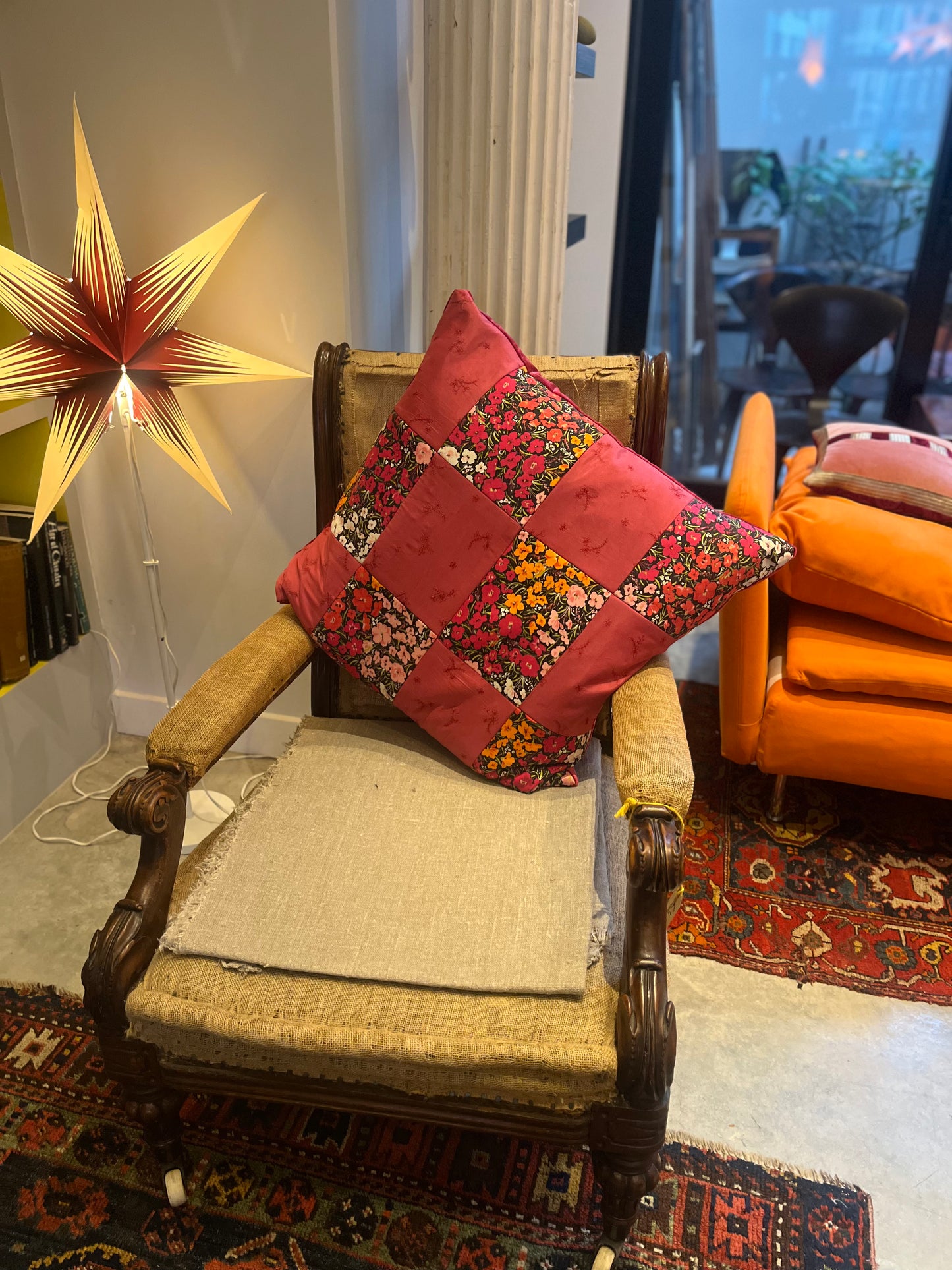 Red silk patchwork cushion - italian velvet back