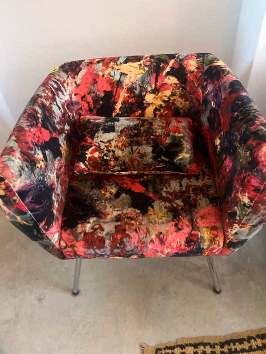 Mid century club chair reupholstered in velvet print by artist Bogdan Mihai RaduI