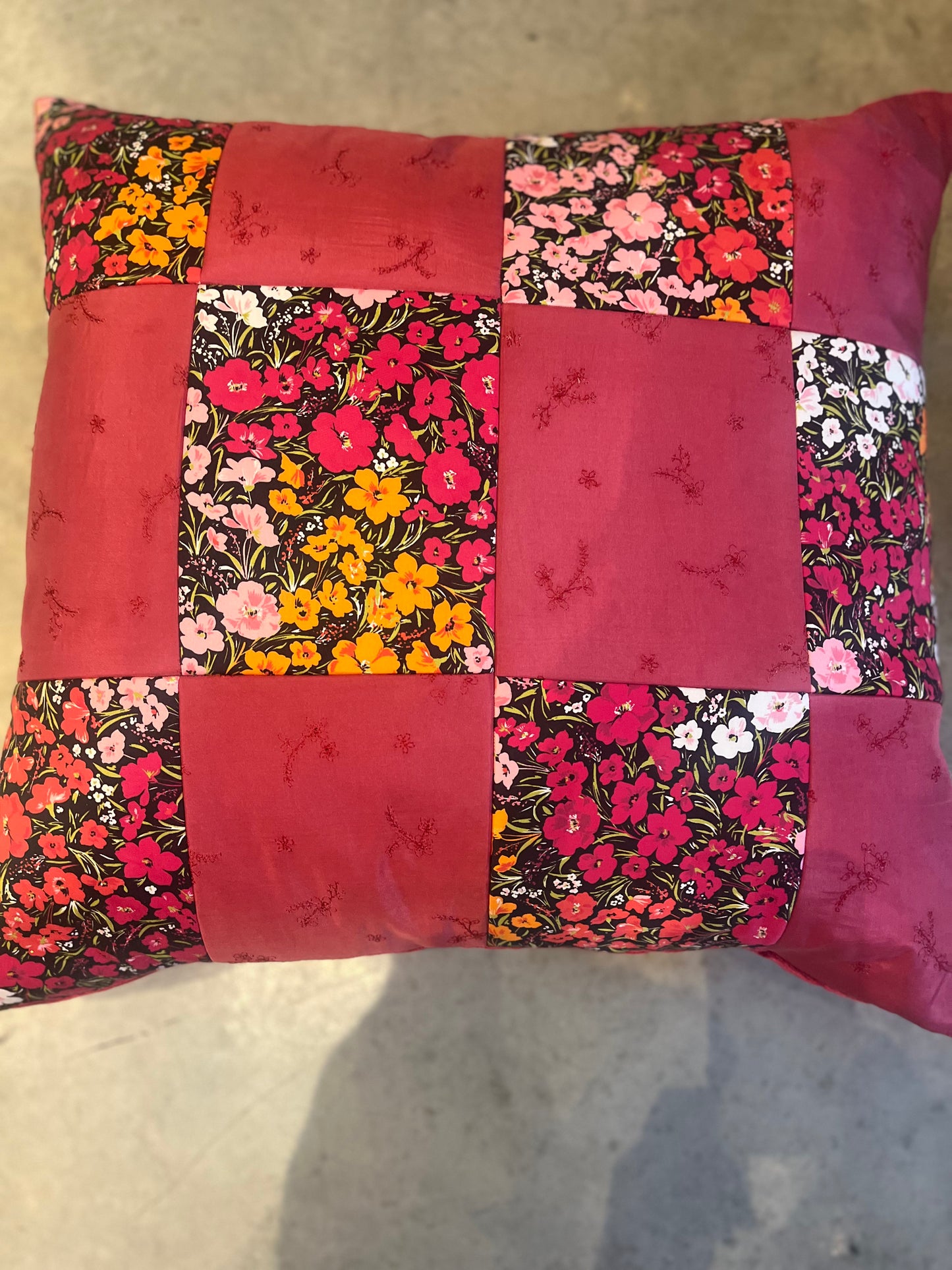 Red silk patchwork cushion - italian velvet back