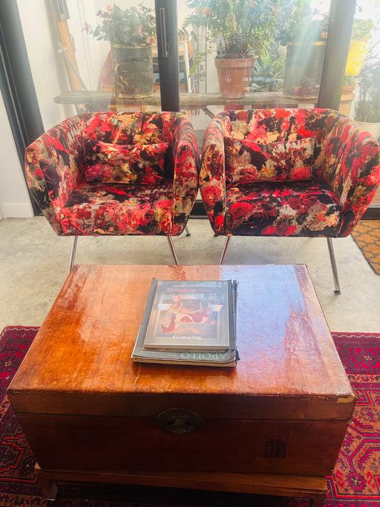 Mid century club chair reupholstered in velvet print by artist Bogdan Mihai RaduI