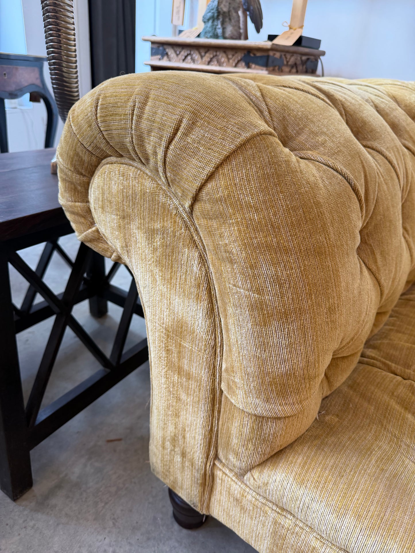 George Smith Deep-Buttoned Sofa in Gold Strié Velvet