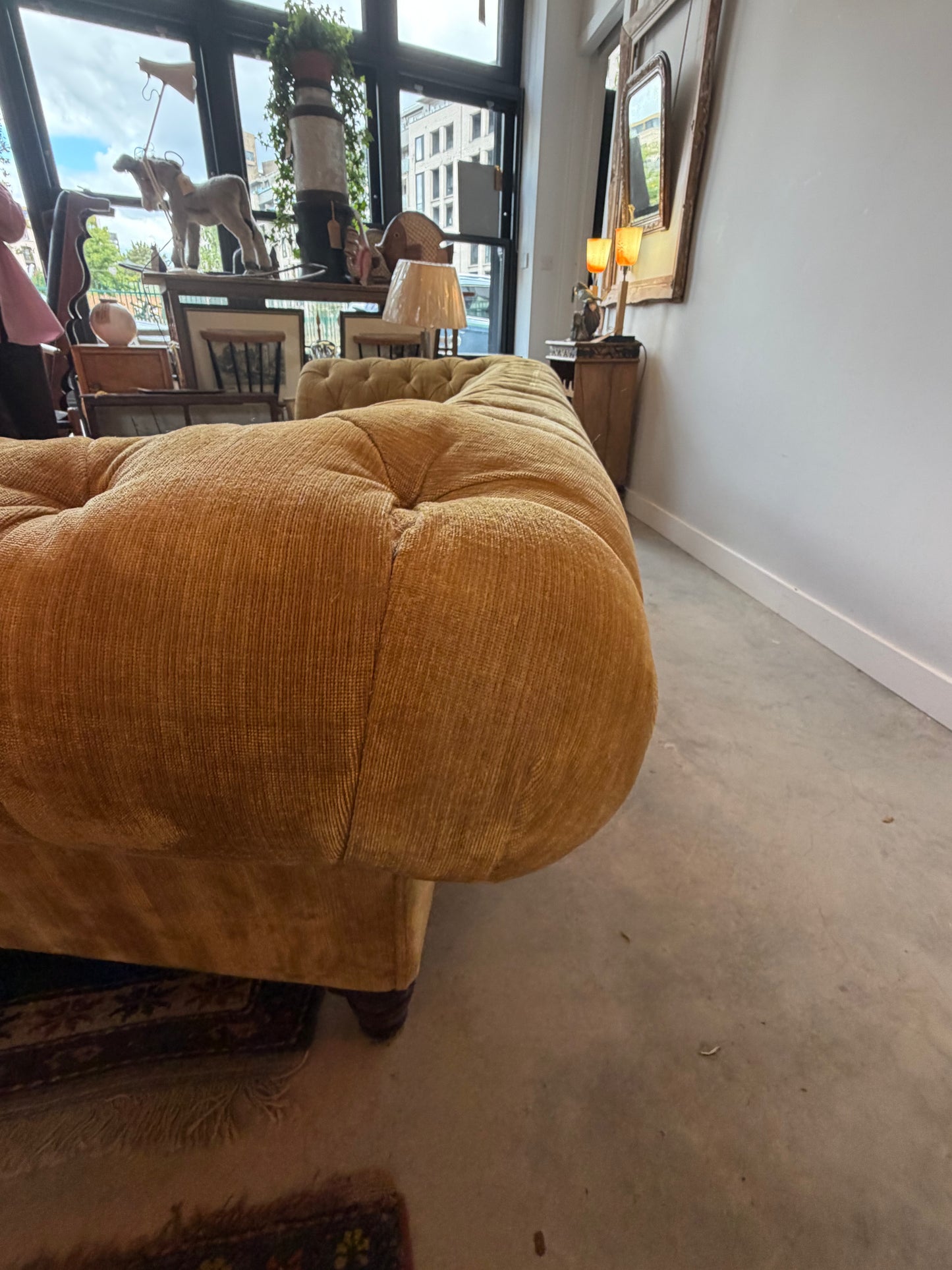 George Smith Deep-Buttoned Sofa in Gold Strié Velvet