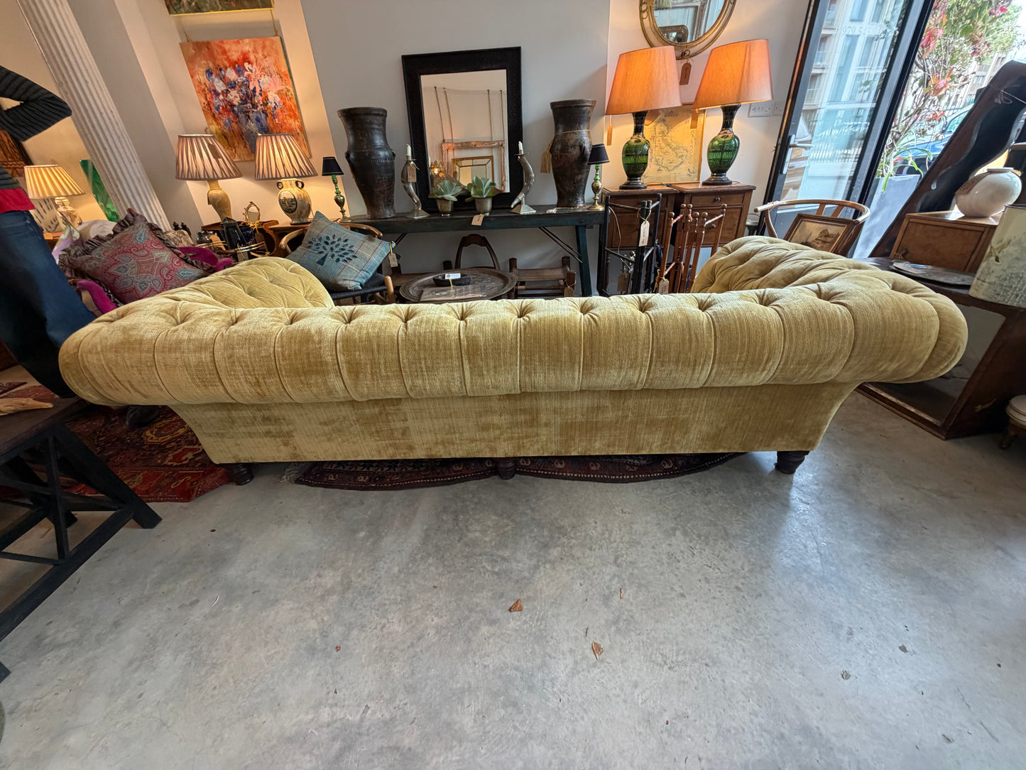 George Smith Deep-Buttoned Sofa in Gold Strié Velvet