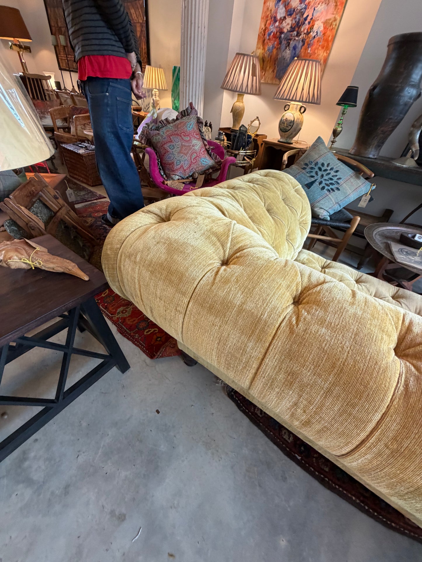 George Smith Deep-Buttoned Sofa in Gold Strié Velvet